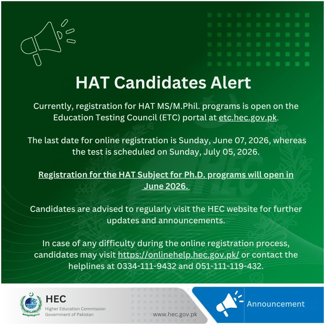Registration for HAT MS/M Phil programmes is open on  etc.hec.gov.pk until June 7, 2026.